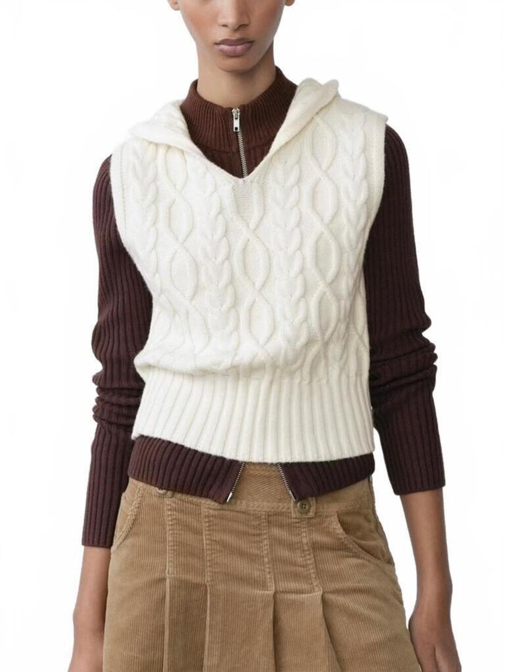 Mango Cable-Knit Gilet with Hood NWT Ecru Small